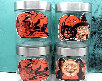 Bote de vidrio estilo Beistle vintage para Halloween, tarros de almacenamiento con diseño de bruja, luna llena y gato negro con calcomanía de vinilo, tapas de acero inoxidable.