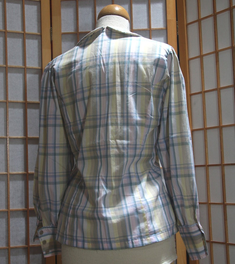 Vintage Size 12 JG Hook Plaid Shirt Blouse Pastel Handmade Pussy Bow 1980s image 3