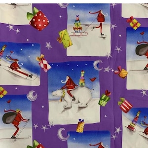 DIY 3 YD Debbie Taylor Kerman Christmas Cotton Fabric Santa Skiing Sledding Polar Bear Purple Novelty Whimsical Fun Quilting Material