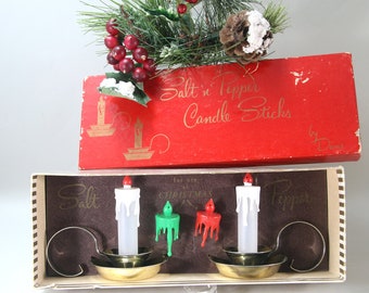 Vintage 1950s Christmas Salt and Pepper Candle Stick Shakers Set by Davis NIB Candlestick