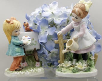 Vintage Lefton Girl Artist with Paint Brush Palette trw 7512 or Watering Can, 5078 Flower Garden Bisque Figurine Japan