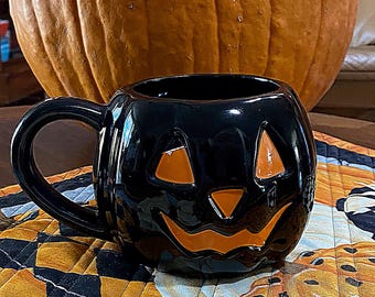 Black JACK-O-LANTERN Pumpkin Coffee MUG 19oz Cup Orange Halloween Stoneware