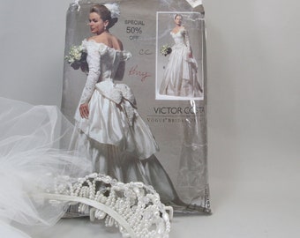 DIY 6, 8, 10 Vogue 2783 Wedding Gown, Victor Costa Designer Bridal Original Dress, Off Shoulder, Drop Waist Ruffle Lace Sleeves 1992