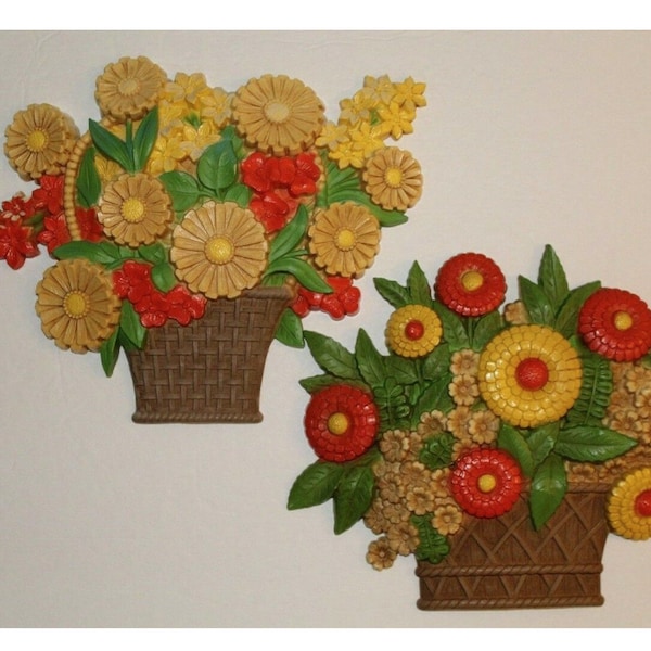 2 Vintage Flowers Basket 3D Plaques Wall Art, Living Room, Homco, Home Deco, 1975 Syroco Hard Plastic