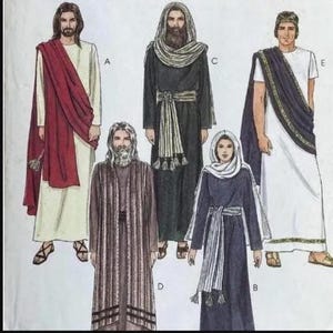 May include: Illustration of five figures in ancient biblical attire. The figures are wearing robes, shawls, and head coverings in various colors, including white, red, black, and brown. The image appears to be a pattern or design for costumes.