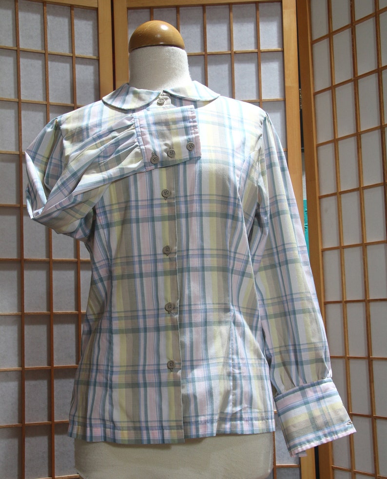 Vintage Size 12 JG Hook Plaid Shirt Blouse Pastel Handmade Pussy Bow 1980s image 4