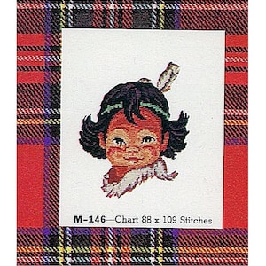 May include: Cross-stitch chart featuring a Native American girl with dark hair, a feather, and a green headband. The image is framed by a red, black, and white plaid pattern. The chart is labeled "M-146 - Chart 88 x 109 Stitches."