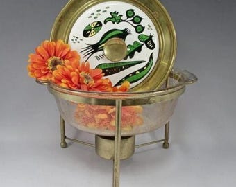 Vintage MCM Georges Briard, Fire King, Nasco Speckled Gold, Vegetables Casserole with Warmer, Mid Century Modern, Italian Chafing Dish