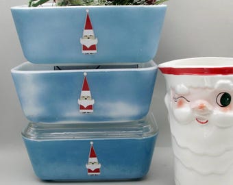Vintage Pyrex Fridgies 502 Blue ALTERED Holt Howard Style Santa Claus Christmas Decal Upcycled