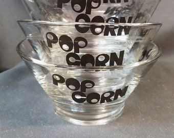 3 Vintage Pop Corn Bowls Small Black Graphics Glass Pop Art 1970s MOD Wheaton Popcorn, Gift for Dad Him Grandfather