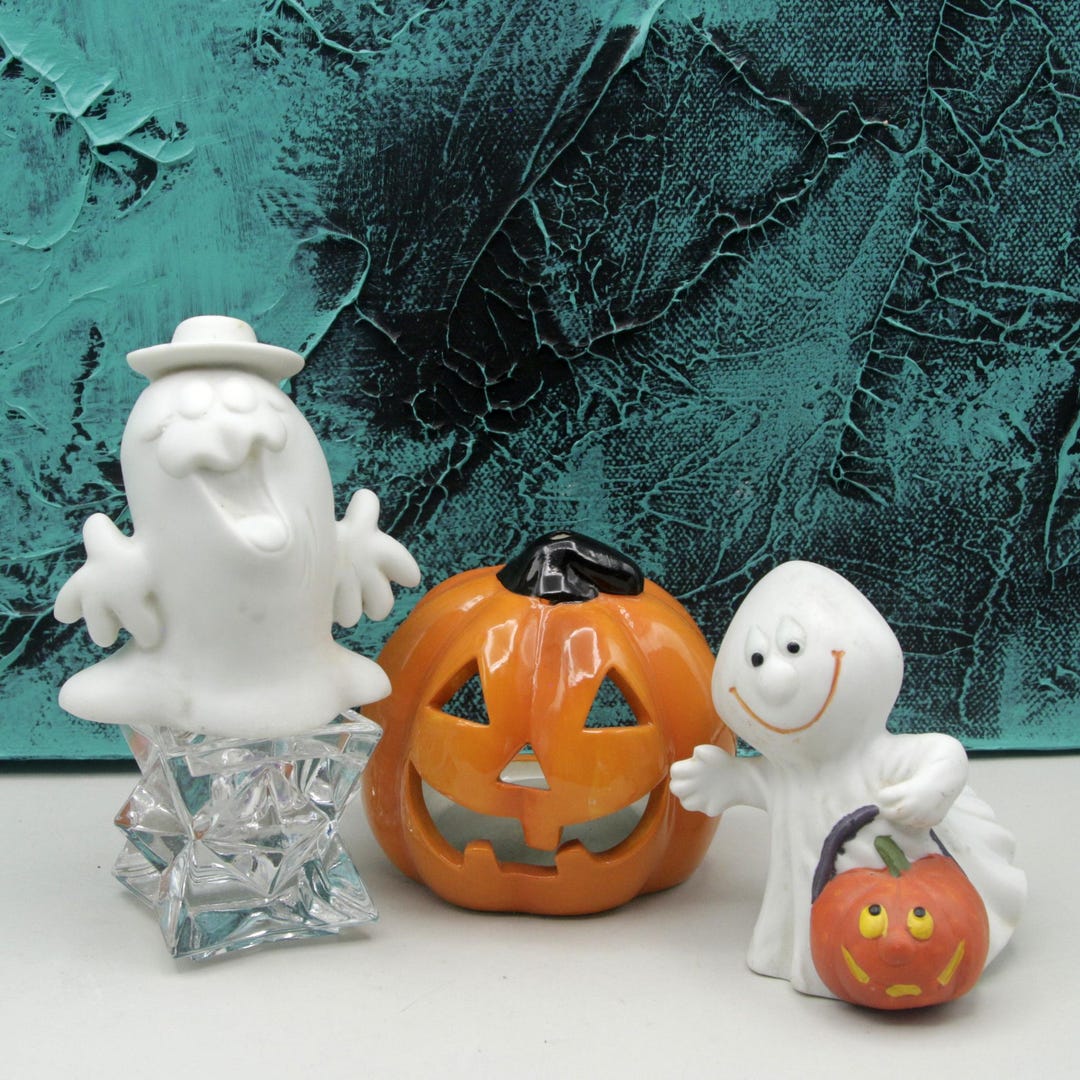 Vintage Halloween Ghost Figurines, Jack O Lantern Votive Candle Cover ...
