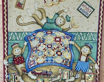 Vintage Debbie Mumm Woven Tapestry Monkey Business, Kids Room Nursery Decor 26 x 35 Inches, Manual Woodworkers and Weavers