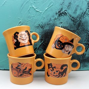 4 Fiesta Ware Scaredy Black Cat Jack O Lanterns Orange Halloween Cups Mugs ALTERED Ring Handle, Vinyl Decals Art Deco Homer Laughlin HLC