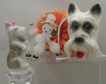 Vintage Occupied Japan, White French Beaded Poodle, Ceramic Scottie Westie with Pink Bow, Chalkware Scottish Terrier White Dog Beanie