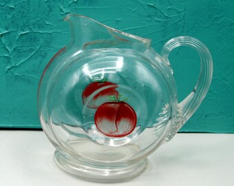 Jarra pequeña vintage transparente con tomate pintado, raya roja, asa estriada, 12,7 cm (5 pulgadas), cristal de la época de la Gran Depresión.