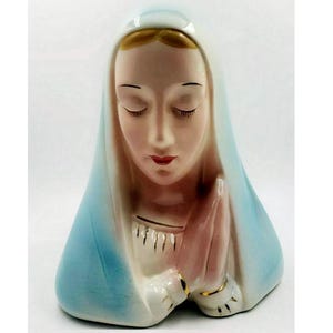Vintage Praying Madonna 9 Inch Large Virgin Mary Vase Planter Blessed Mother American Bisque 1940s Catholic
