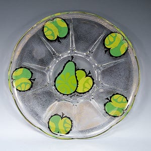 Vintage MOD Georges Briard Signed Glass PLATTER Tray MCM Appetizer Crudite Pears Apples Gold Speckled, Mid Century Gift