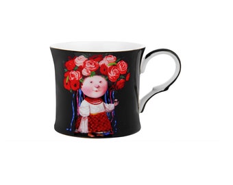 Ukrainian Girl with Flowers by Evgenia Gapchinskaya  Fine Porcelain Mug Pink Roses Red Poppies