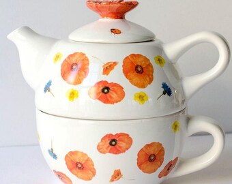 Vintage 3 Pc Individual Teapot and Cup Stacked Marjolein Bastin Poppy Floral Poppies