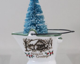 Vintage Mini Christmas, Seasons Greetings Coal Bucket with Covered Bridge, One Horse Open Sleigh, Jingle Bells 3 Inch