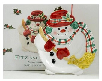 Vintage Fitz and Floyd Snowman Plaid Christmas Cookie Canape PLATE, Boxed Omnibus 2000