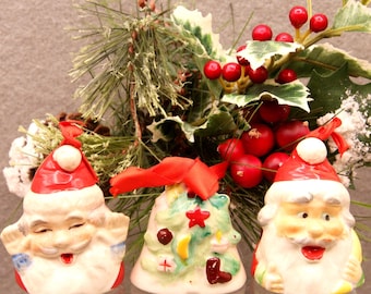 3 Campanas de cerámica vintage para árbol de Navidad de Papá Noel, fabricadas en Japón a mediados de siglo.