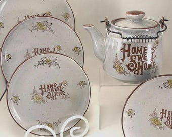 Vintage Home Sweet Home 7 Inch Salad Plates, Teapot with Metal Handle, Speckled, Japan