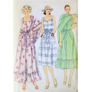 DIY 14 Vogue 9055 Sleeveless Summer Dress, Belt, Shawl Vintage Sewing PATTERN Scoop Neck, 2 Lengths, Ruffle, Gathered Elastic Waist