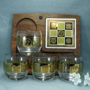 5 MCM Culver Celestial Sun Roly Poly Bar Glasses and Signed Georges Briard Green Gold Sun Wooden Cheese Board with Tile, Gift for Dad