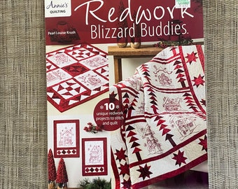 DIY Redwork Blizzard Buddies Snowmen Christmas Embroidery Quilting Pattern Book Holiday, Annies Quilting, Pearl Louise Krush, Red and White