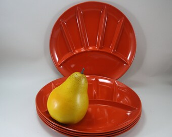4 platos llanos vintage Fred Roberts, divididos, de color naranja oscuro, para fondue o sushi, de melamina, década de 1960, Japón, Halloween, Día de Acción de Gracias.