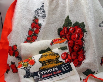 2 toallas y delantales Startex de rizo vintage nuevos, rizos de cocina de los años 70, tarros de caramelos de frutas de boticario, mandarina, naranja, rojo