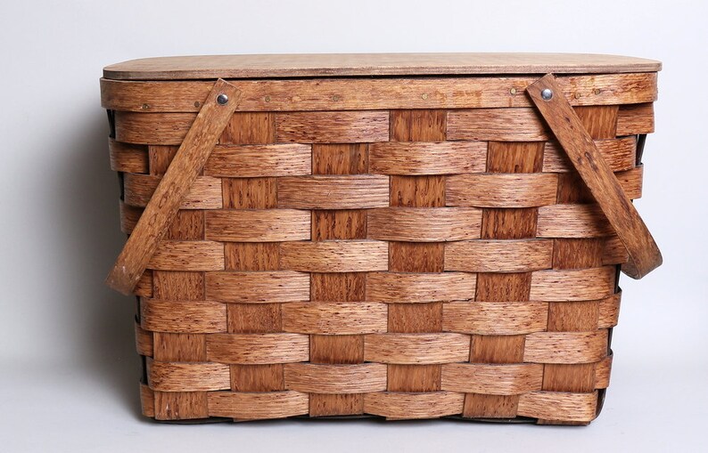 Basketville Picnic Basket Set Wood Wicker Weave Melmac