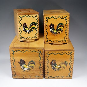 4 Vintage Rooster Wooden Kitchen Canister Set Woodpecker Chicken