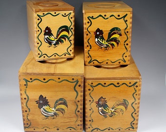 4 Vintage Rooster Wooden Kitchen Canister Set Woodpecker Chicken