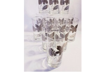 Vintage MCM Platinum Leaves Hostess Set Libbey Barware 3 or 5 Inch On the Rocks, Juice, Tumbler Glasses Mid Century 1960s