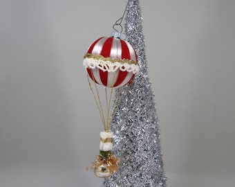 VINTAGE Hot Air Balloon Striped Peppermint Satin Glass Christmas Ornament, Red and White
