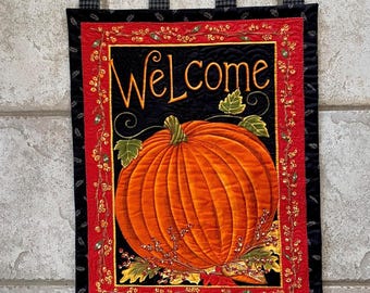 Tapiz de pared vintage con diseño de calabaza de bienvenida, hecho a mano, para Acción de Gracias y Halloween, 17 x 22 pulgadas.