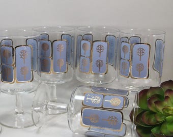 6 Vintage Goblets Four Seasons Stylized Tree of Life, Stemmed Wine Glasses, Blue Gold Trim Barware