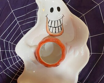 Plato para servir 3D con diseño de fantasma y calabaza de Halloween estilo vintage, ideal para verduras, patatas fritas y salsas, dulces y galletas. Fabricado por Westwood.