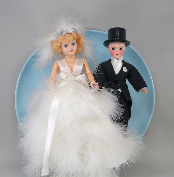 Vintage Wedding Cake Topper Bride Groom Dolls Feathers Sleepy Etsy