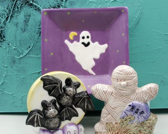 Portavelas vintage WCL de Halloween con forma de momia morada (RIP), murciélagos, velas cónicas, velas votivas o pequeños platos con forma de fantasma para Halloween.