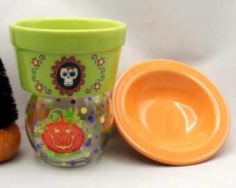 Vintage Halloween Fiesta HLC Orange Berry Bowl, Jack O Lantern Votive Glass Candle Holder, Skull Ceramic Ramekin