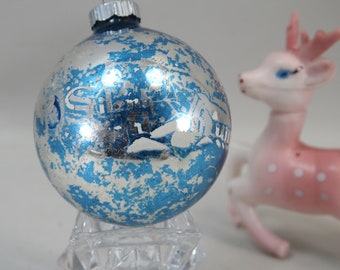 VINTAGE Shiny Brite Silent Night Stenciled 2.75 Inch Blue Silver Christmas Ornament 1950s