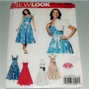 May include: A New Look sewing pattern featuring illustrations of several dresses. The dresses include a blue floral print dress, a red dress, a white dress with black accents, and a floral print dress. The pattern also includes a white bolero jacket and a pink bolero jacket.