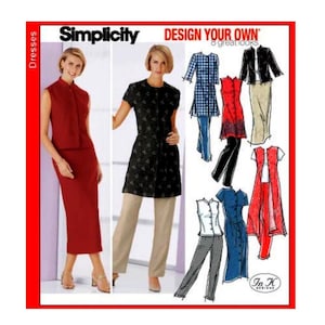 May include: Simplicity Design Your Own sewing pattern for dresses featuring illustrations of various garment styles including a red sleeveless dress, a black patterned tunic with tan trousers, and several other top, pant, and skirt combinations.