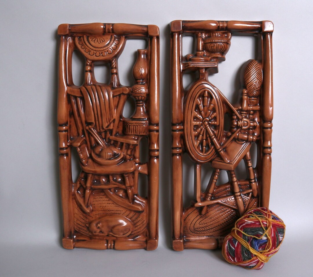 2 Vintage Americana Wall Art Colonial Spinning Wheel, Cat, Knitting