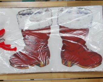 Vintage Die Cut Velvety Flocked Santa Claus Boots and Mittens Christmas Wall Decorations Larch 13 Inch 1980s Peck Inc, SEALED NOS