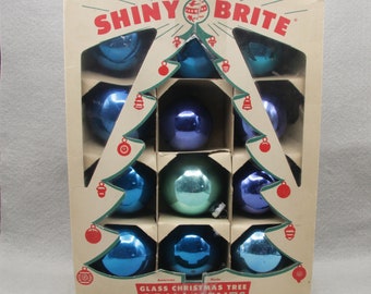 12 Vintage Shiny Brite Blue Christmas Tree Window Boxed Ornaments Mica Alford 1950s