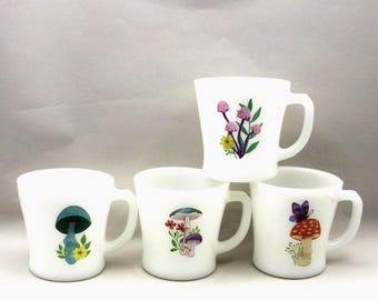 Vintage Merry Mushroom Mugs with Decals Upcycled Milk Glass ALTERED